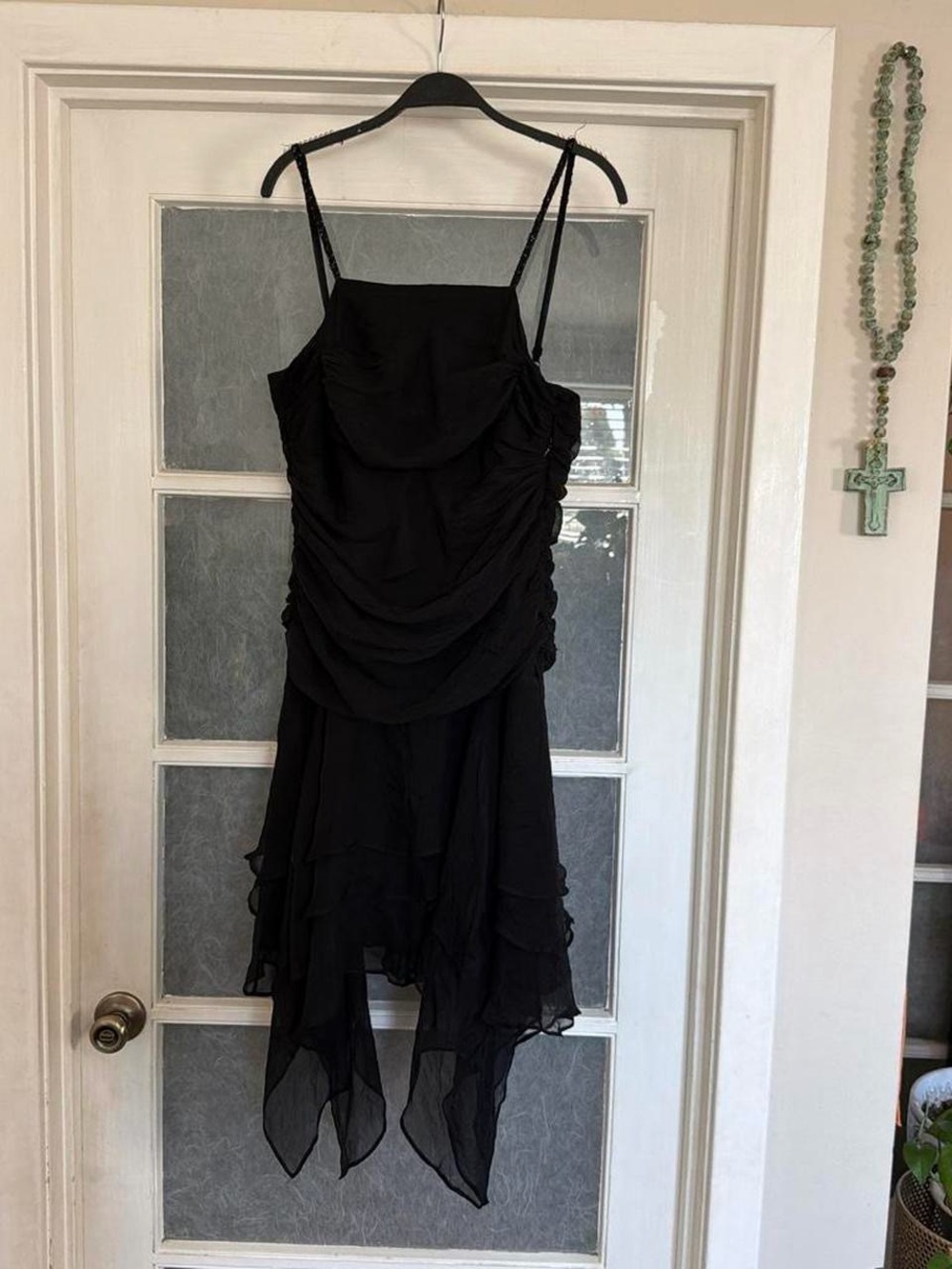 Y2k Mixit 100% silk Elegant Black Handkerchief Hem beaded Spaghetti Strap Dress